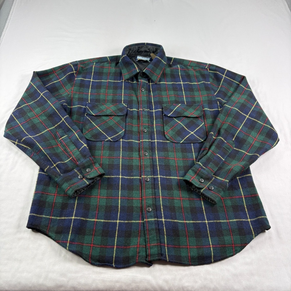 Vintage Fieldmaster Wool Flannel Shirt Mens Large Blue Green Plaid Workwear